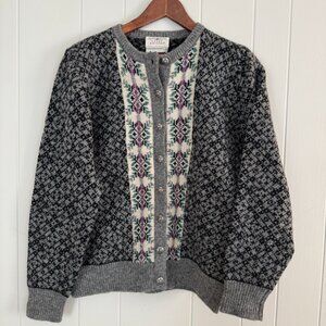 Vintage 80-90s SUSAN BRISTOL Wool Cardigan Gray/Black Floral Sweater- Size M